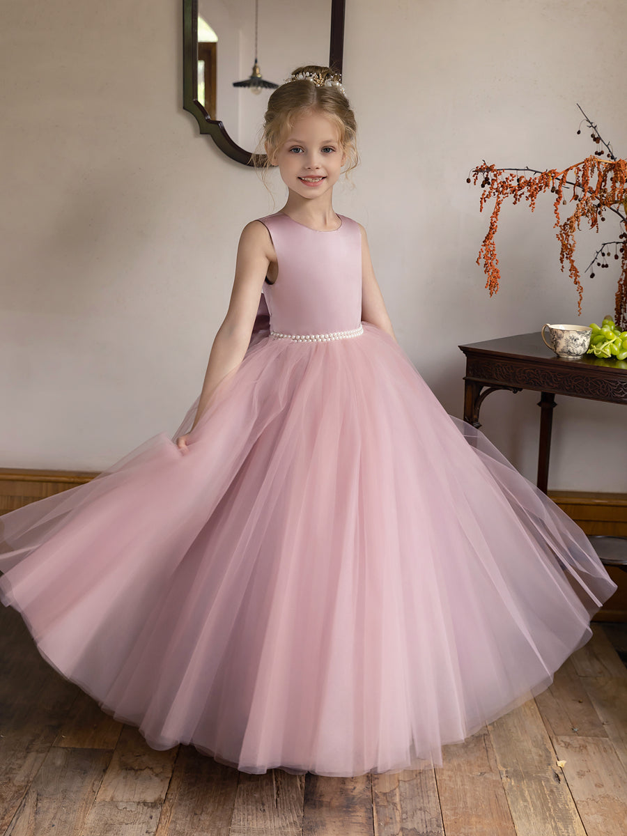 Vestido de Baile de Tule/Vestidos Princesa Flor para Menina com Pérolas e Laço de Cetim