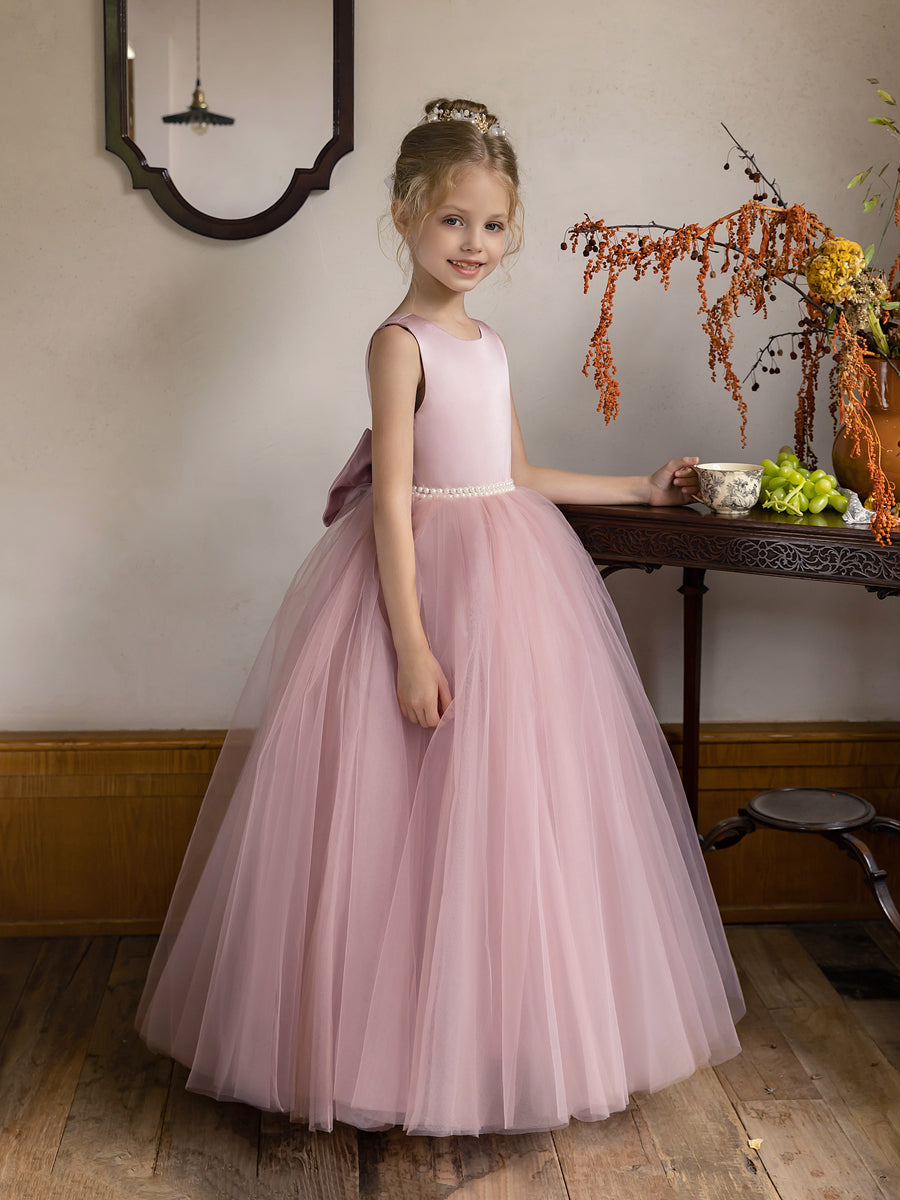Vestido de Baile de Tule/Vestidos Princesa Flor para Menina com Pérolas e Laço de Cetim