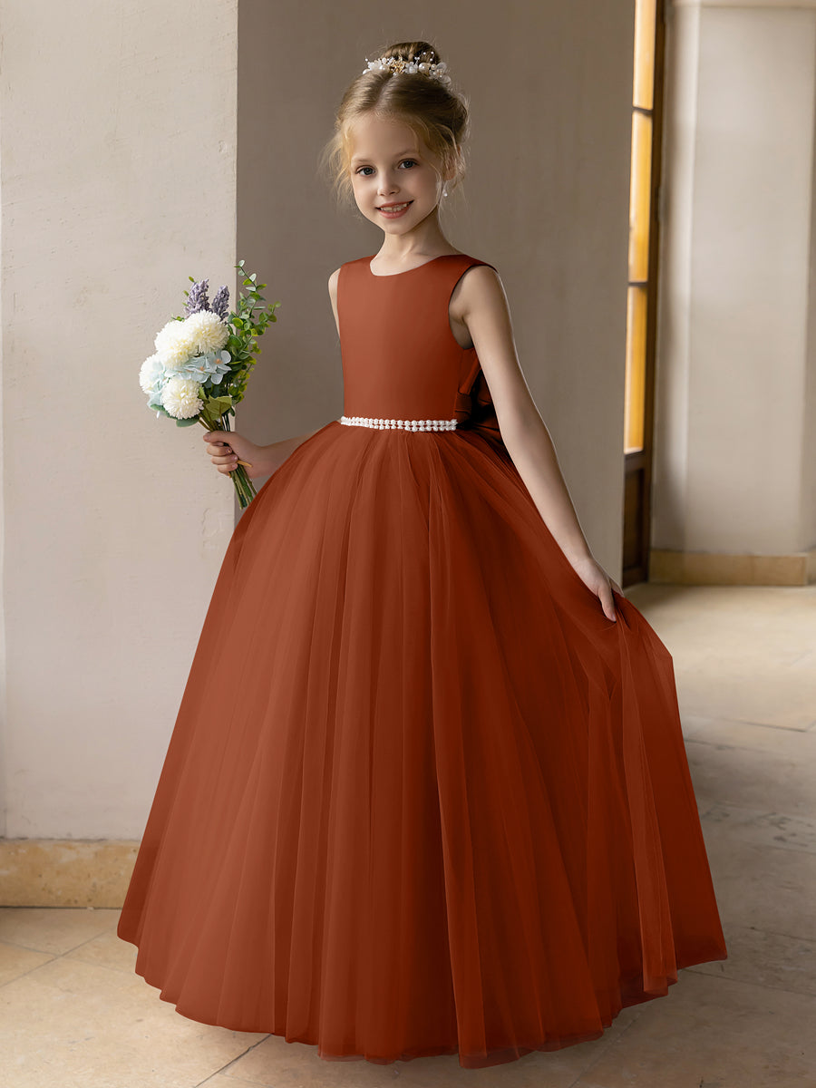 Vestido de Baile de Tule/Vestidos Princesa Flor para Menina com Pérolas e Laço de Cetim