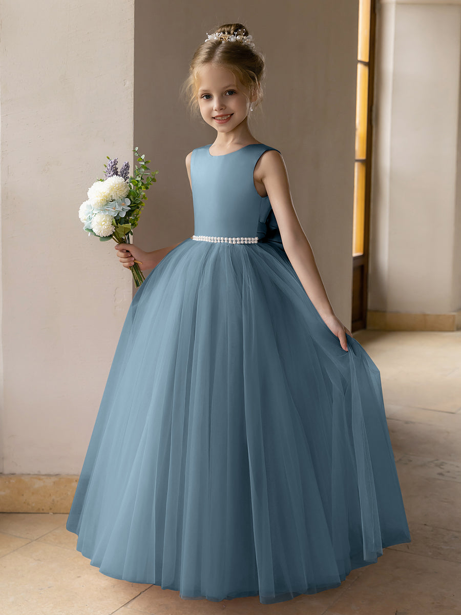 Vestido de Baile de Tule/Vestidos Princesa Flor para Menina com Pérolas e Laço de Cetim