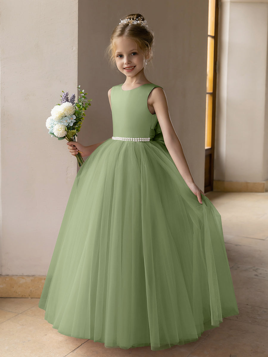 Vestido de Baile de Tule/Vestidos Princesa Flor para Menina com Pérolas e Laço de Cetim