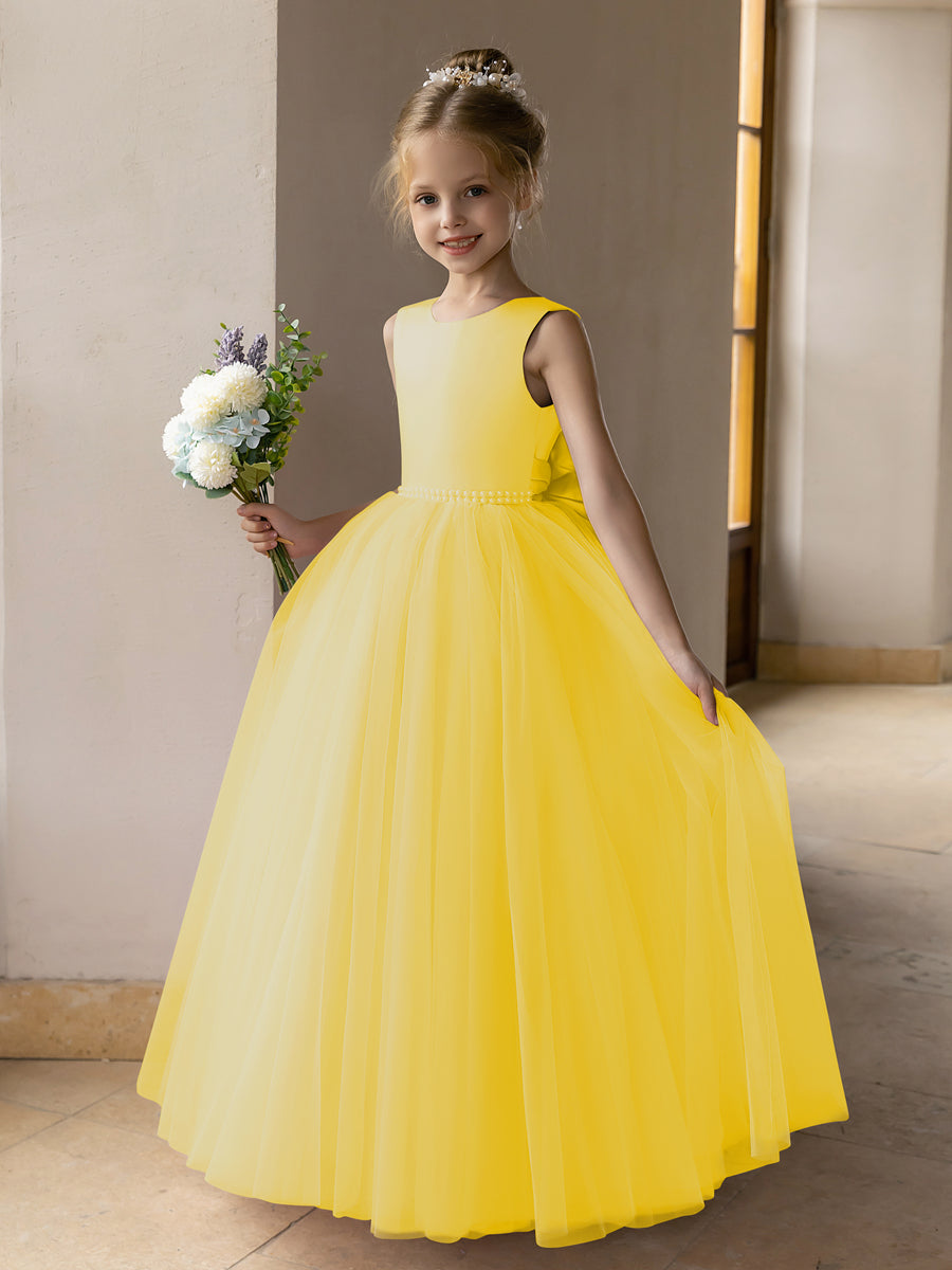 Vestido de Baile de Tule/Vestidos Princesa Flor para Menina com Pérolas e Laço de Cetim