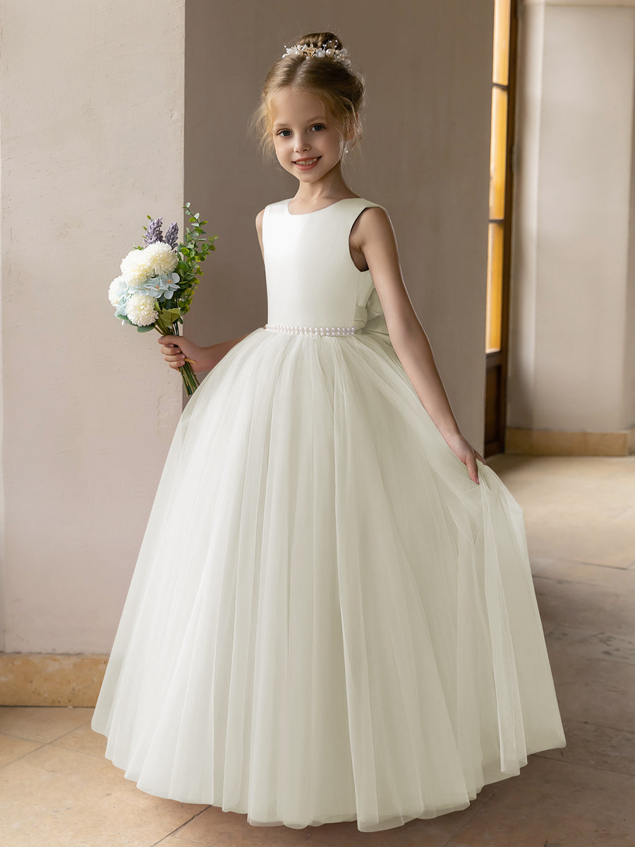 Vestido de Baile de Tule/Vestidos Princesa Flor para Menina com Pérolas e Laço de Cetim