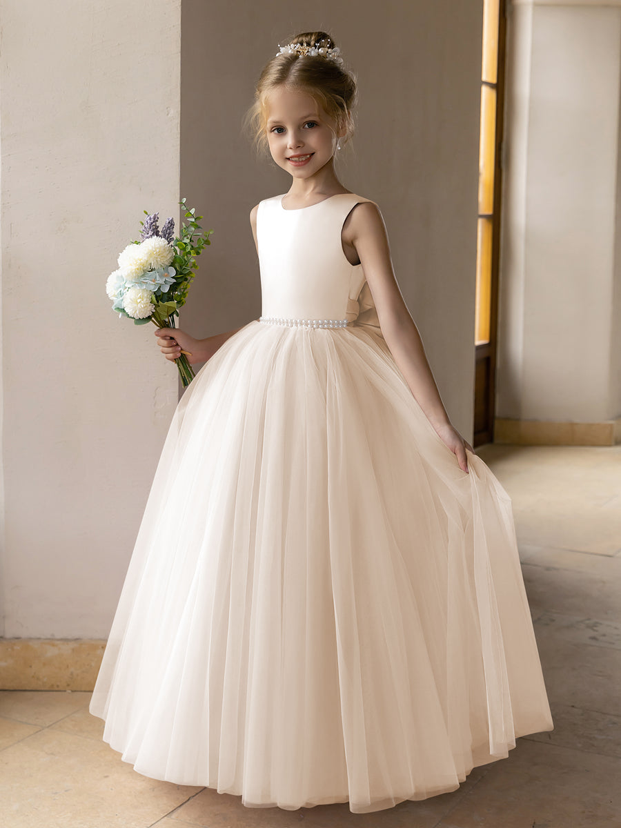 Vestido de Baile de Tule/Vestidos Princesa Flor para Menina com Pérolas e Laço de Cetim