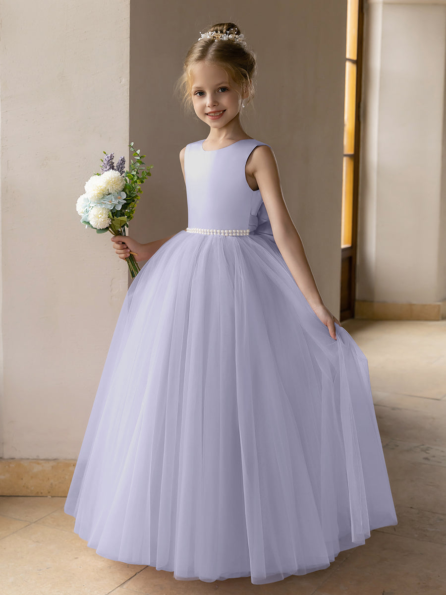 Vestido de Baile de Tule/Vestidos Princesa Flor para Menina com Pérolas e Laço de Cetim