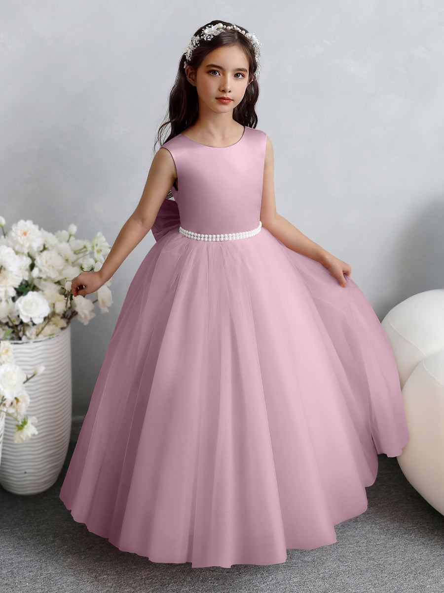 Vestido de Baile de Tule/Vestidos Princesa Flor para Menina com Pérolas e Laço de Cetim