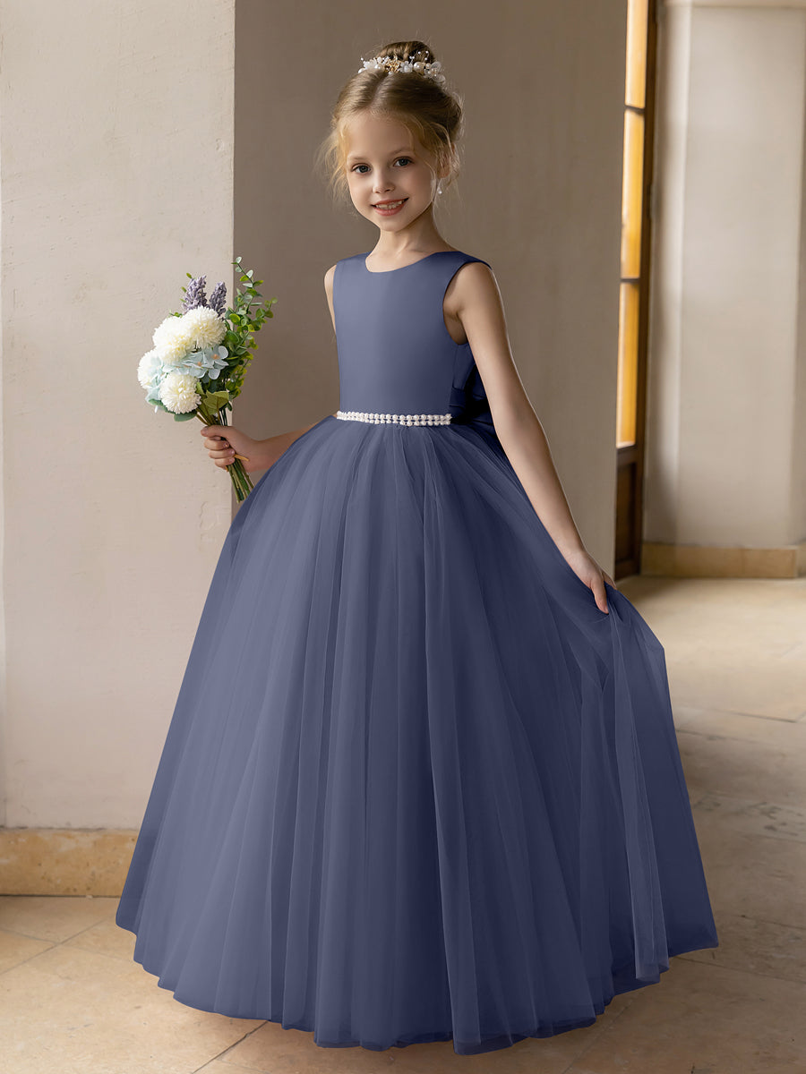 Vestido de Baile de Tule/Vestidos Princesa Flor para Menina com Pérolas e Laço de Cetim