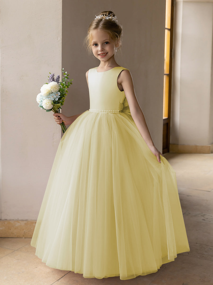 Vestido de Baile de Tule/Vestidos Princesa Flor para Menina com Pérolas e Laço de Cetim