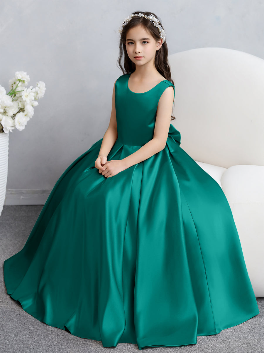 Vestidos de Flores de Cetim com Gola Redonda e Laço