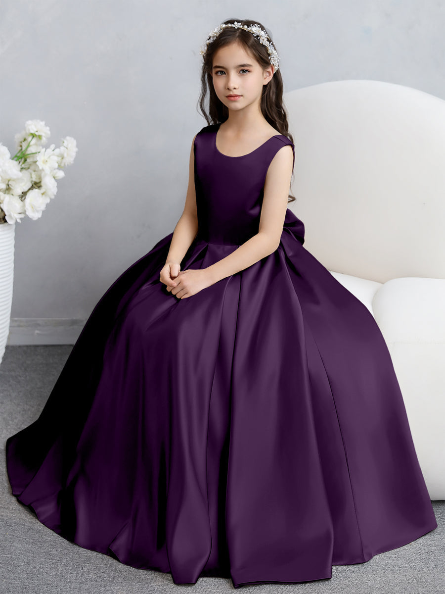 Vestidos de Flores de Cetim com Gola Redonda e Laço