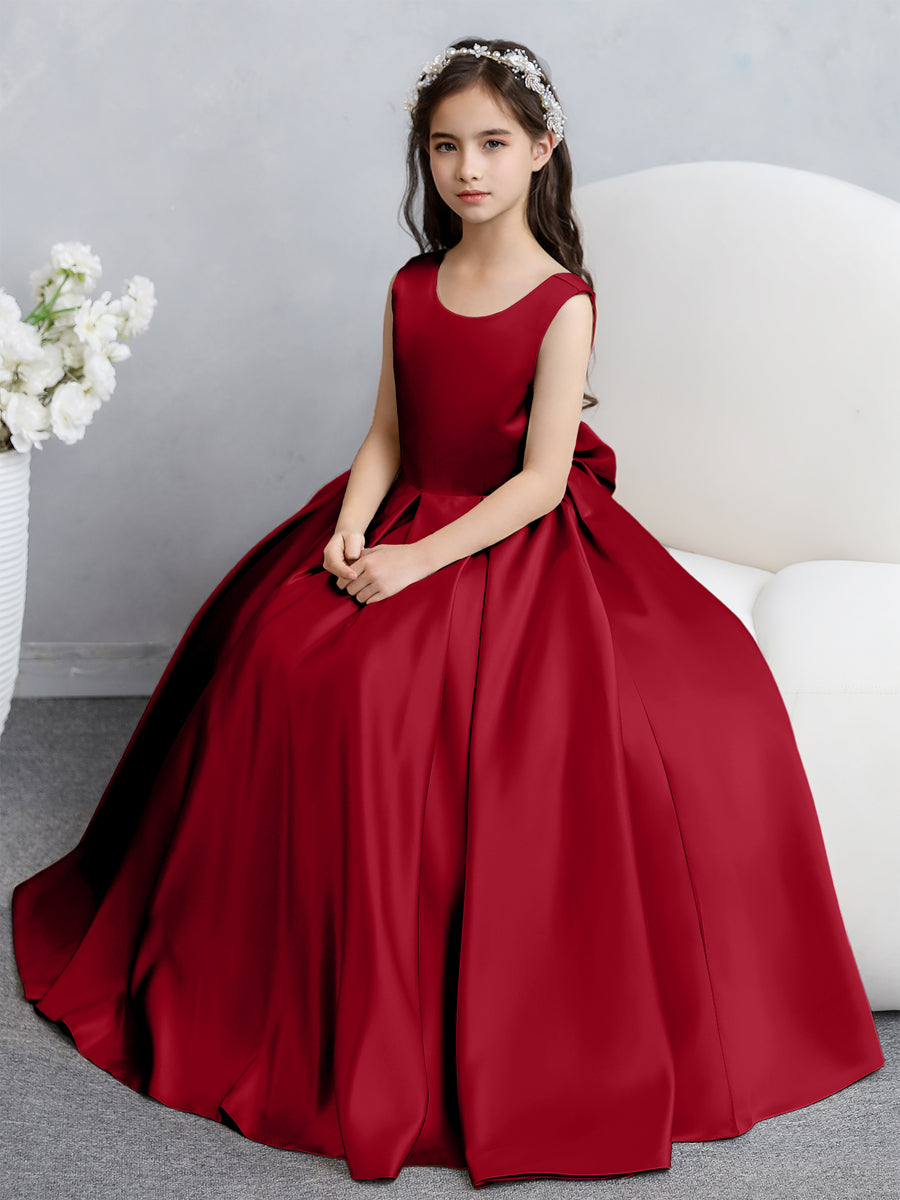 Vestidos de Flores de Cetim com Gola Redonda e Laço