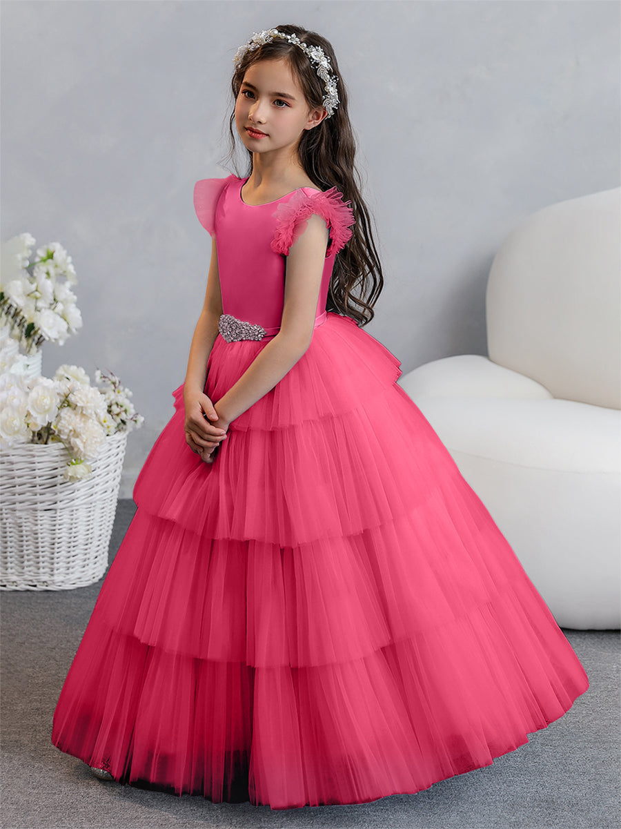 Vestido de Baile de Tule/Princesa Vestidos Floristas com Pregas Em Camadas e Strass