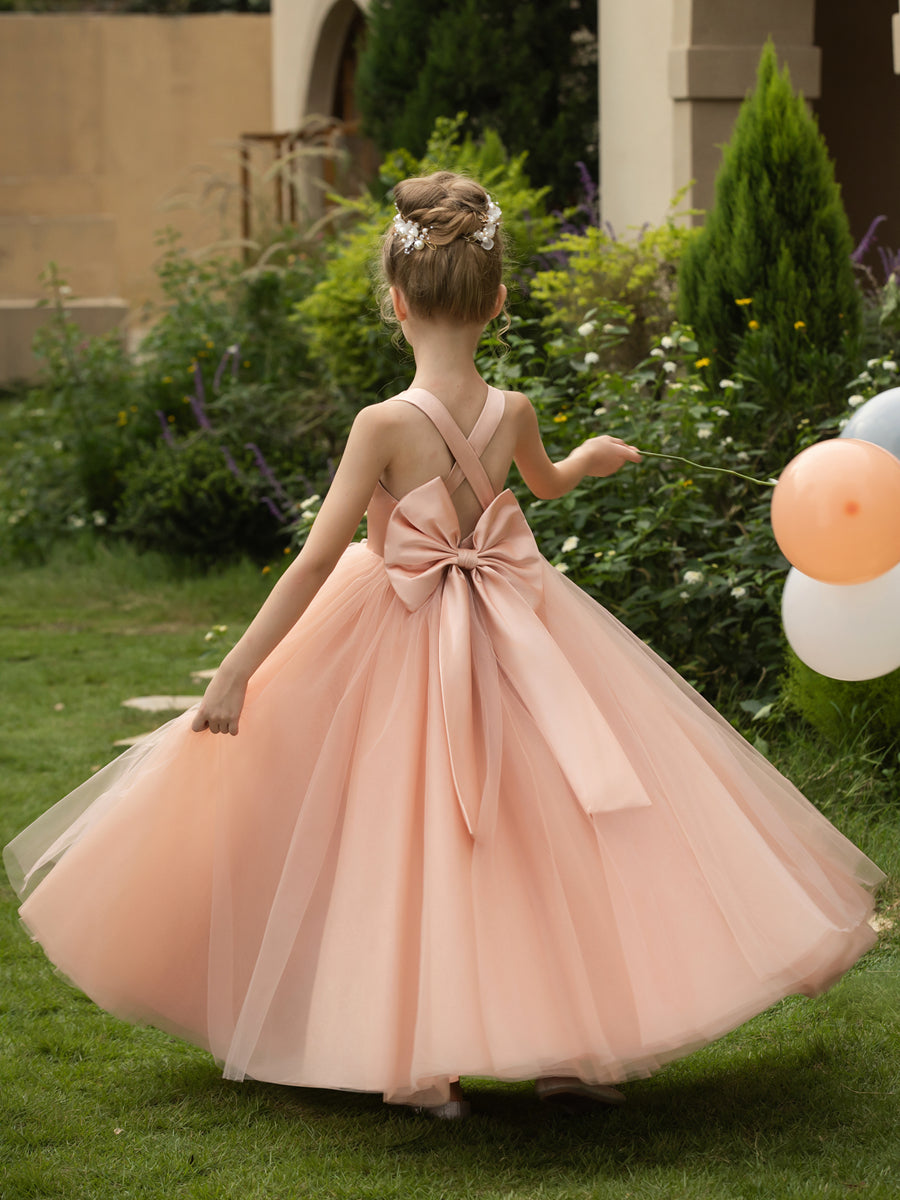 Vestidos de Flor de Tule Sem Mangas com Decote Em V e Laço de Cetim