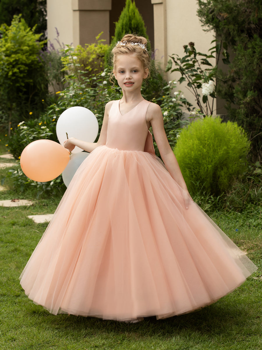 Vestidos de Flor de Tule Sem Mangas com Decote Em V e Laço de Cetim