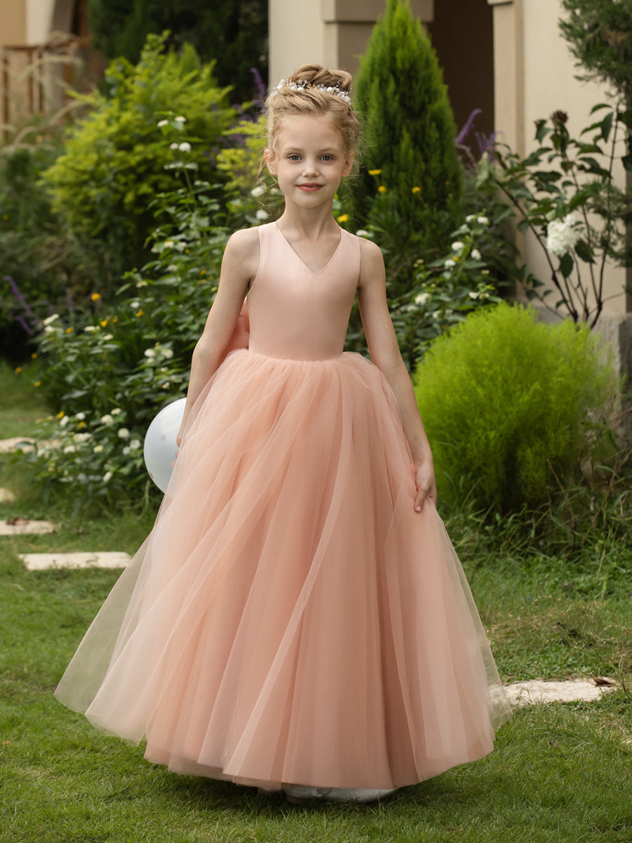 Vestidos de Flor de Tule Sem Mangas com Decote Em V e Laço de Cetim