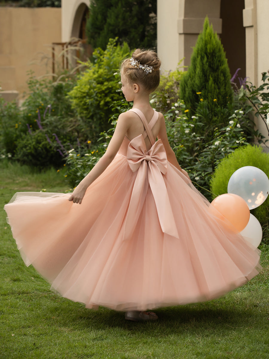 Vestidos de Flor de Tule Sem Mangas com Decote Em V e Laço de Cetim