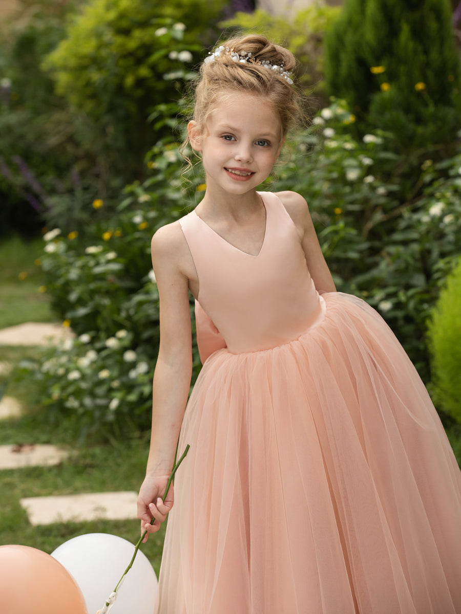 Vestidos de Flor de Tule Sem Mangas com Decote Em V e Laço de Cetim