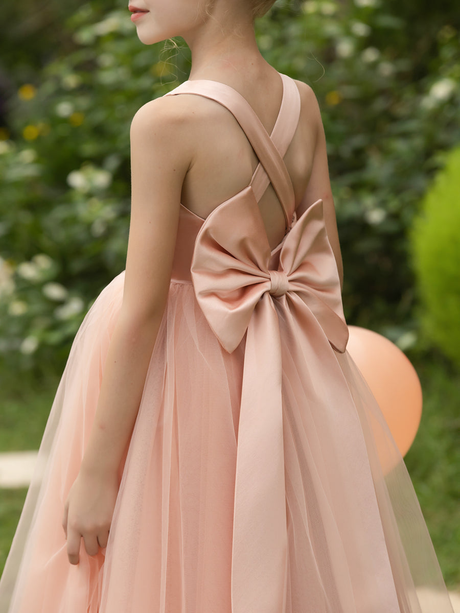Vestidos de Flor de Tule Sem Mangas com Decote Em V e Laço de Cetim