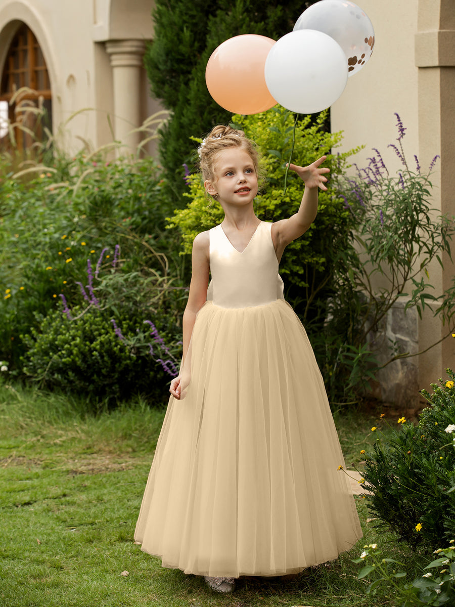 Vestidos de Flor de Tule Sem Mangas com Decote Em V e Laço de Cetim