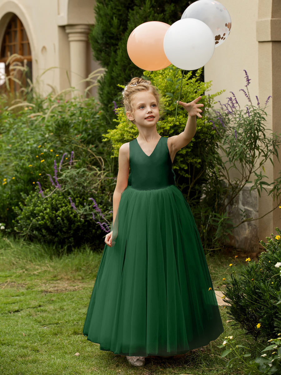 Vestidos de Flor de Tule Sem Mangas com Decote Em V e Laço de Cetim