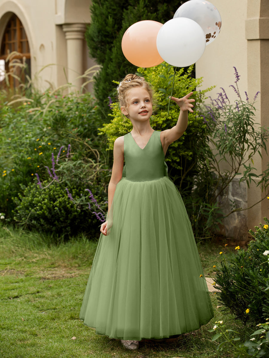 Vestidos de Flor de Tule Sem Mangas com Decote Em V e Laço de Cetim