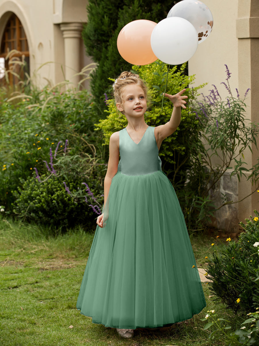 Vestidos de Flor de Tule Sem Mangas com Decote Em V e Laço de Cetim