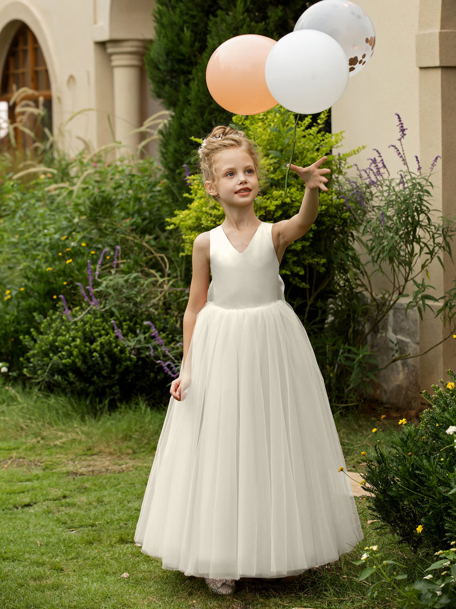 Vestidos de Flor de Tule Sem Mangas com Decote Em V e Laço de Cetim