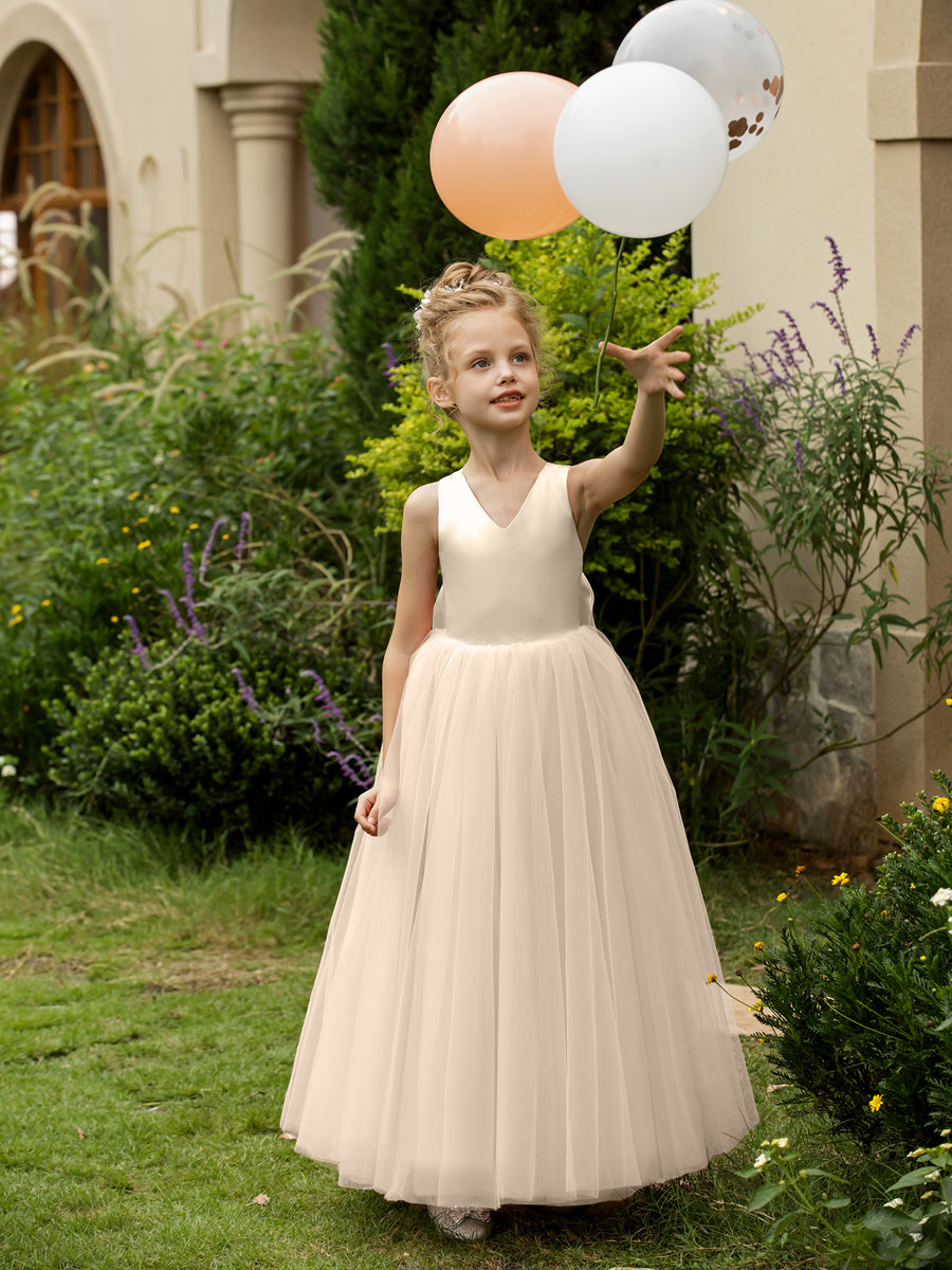 Vestidos de Flor de Tule Sem Mangas com Decote Em V e Laço de Cetim