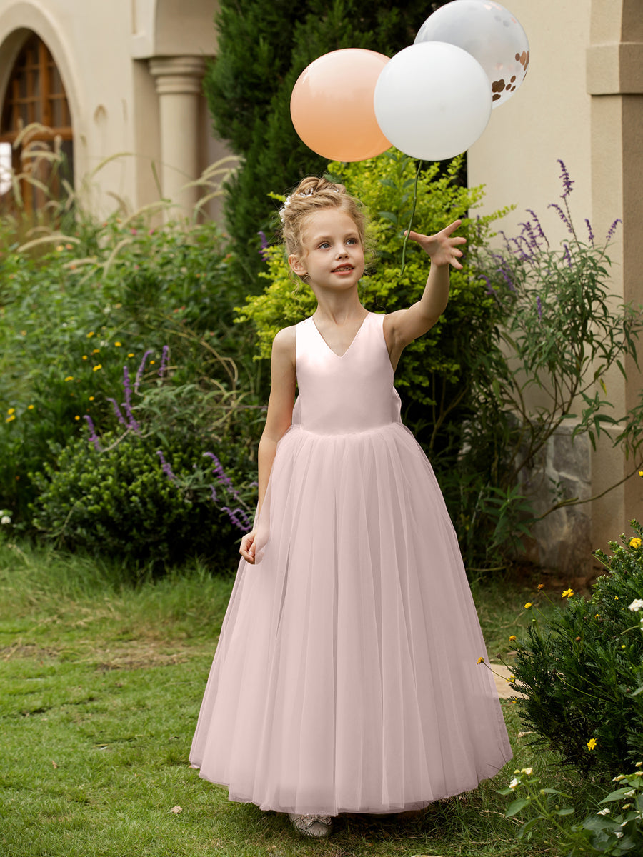Vestidos de Flor de Tule Sem Mangas com Decote Em V e Laço de Cetim