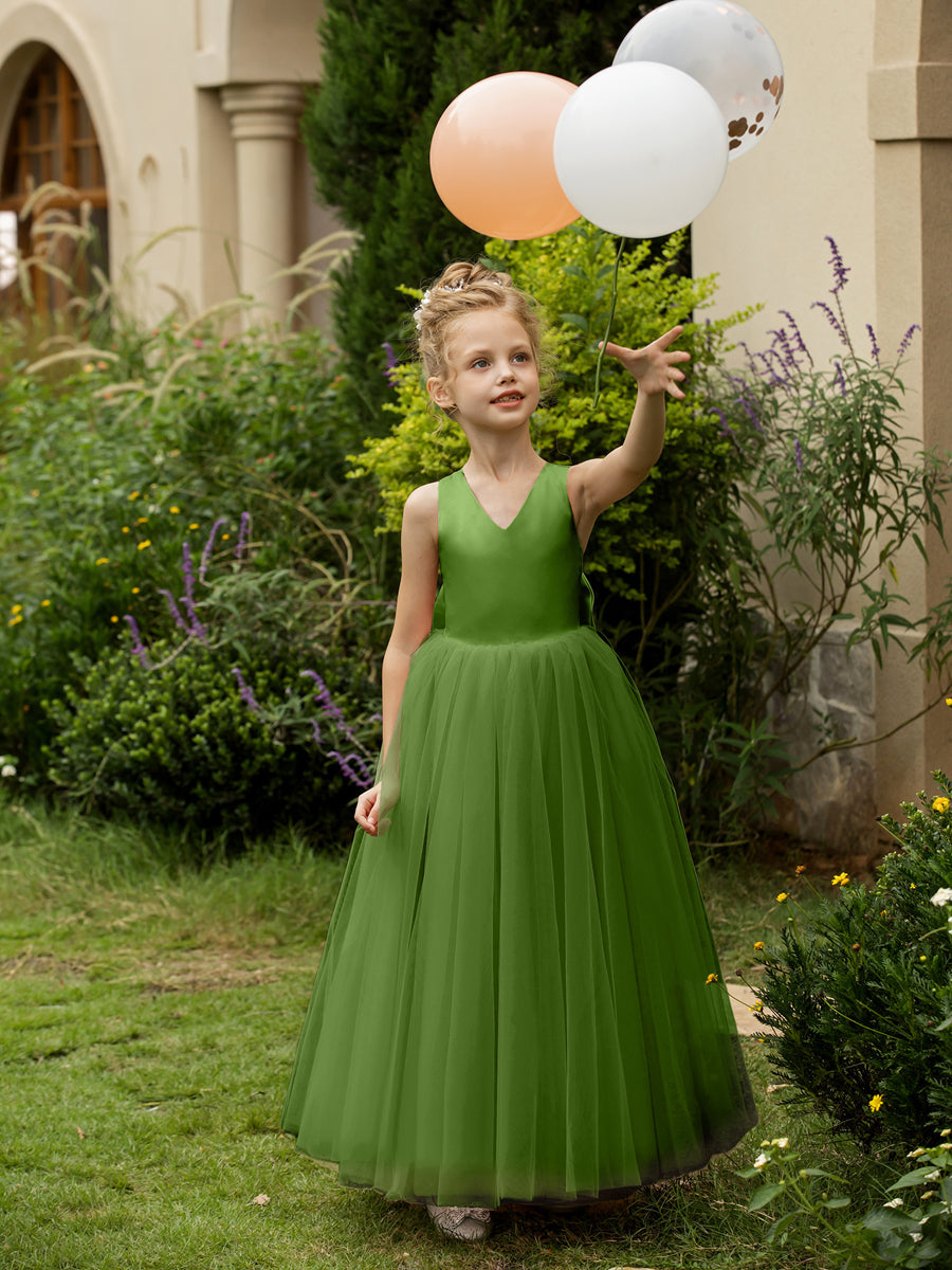 Vestidos de Flor de Tule Sem Mangas com Decote Em V e Laço de Cetim