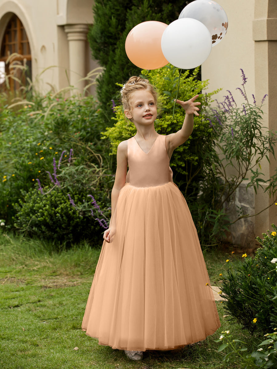 Vestidos de Flor de Tule Sem Mangas com Decote Em V e Laço de Cetim