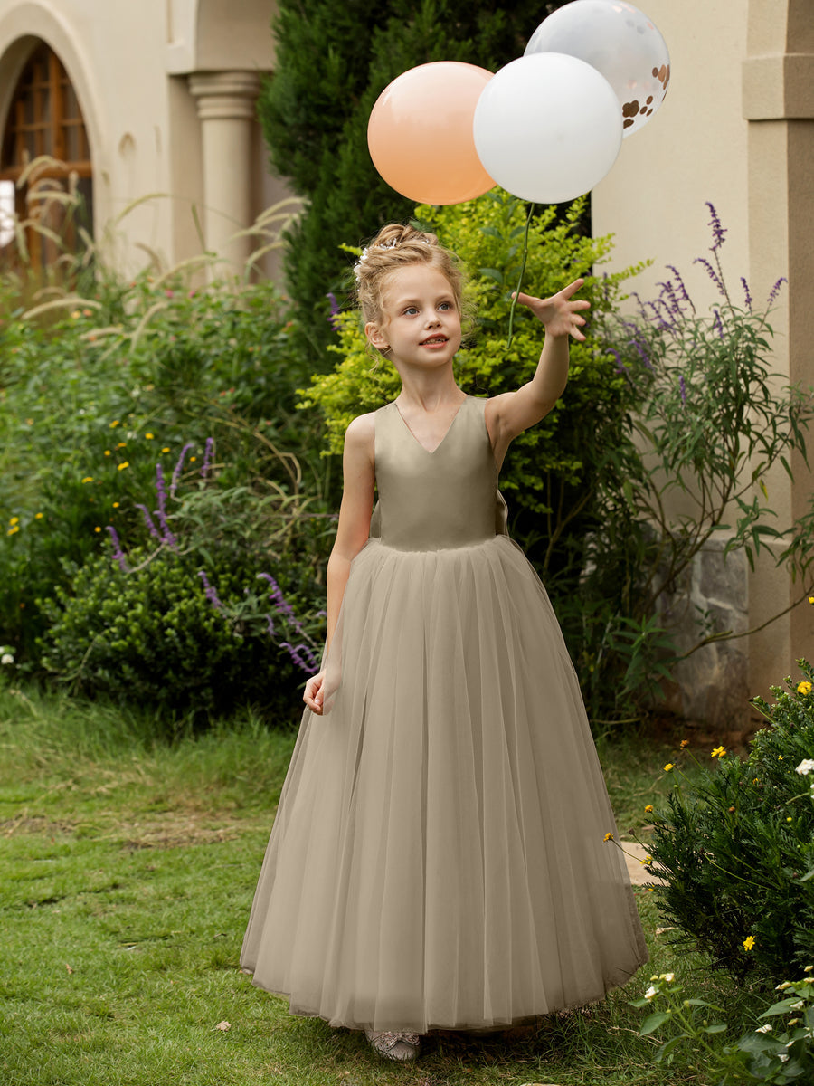 Vestidos de Flor de Tule Sem Mangas com Decote Em V e Laço de Cetim