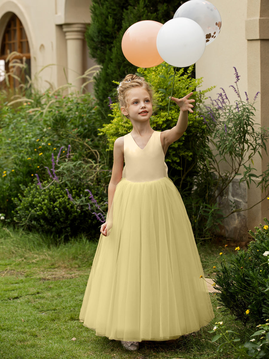Vestidos de Flor de Tule Sem Mangas com Decote Em V e Laço de Cetim