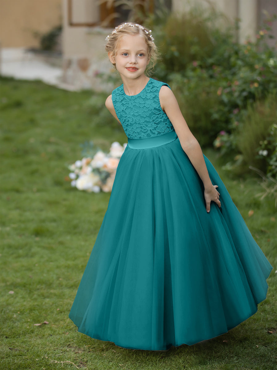 Vestidos de Flor de Tule com Gola Redonda e Apliques e Faixa