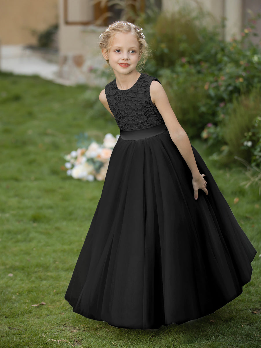 Vestidos de Flor de Tule com Gola Redonda e Apliques e Faixa