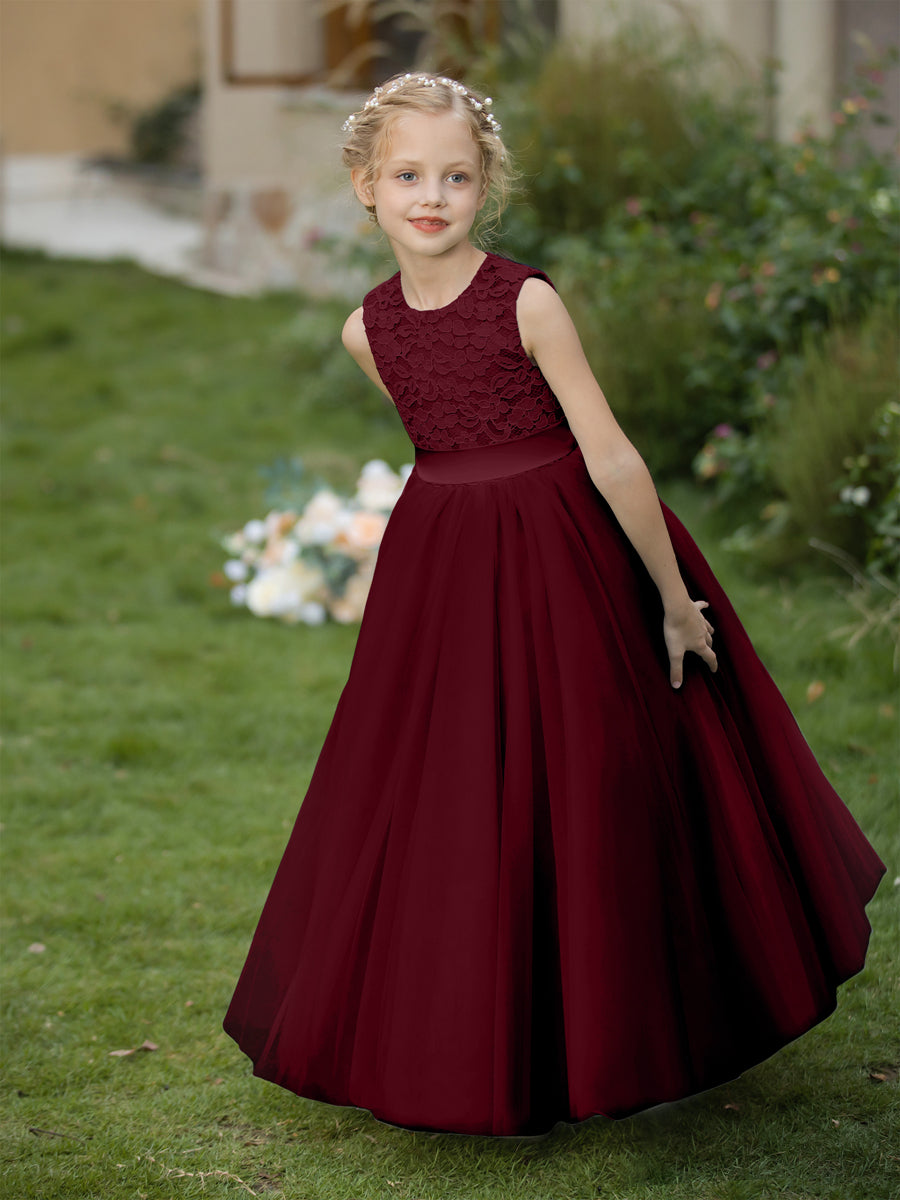 Vestidos de Flor de Tule com Gola Redonda e Apliques e Faixa