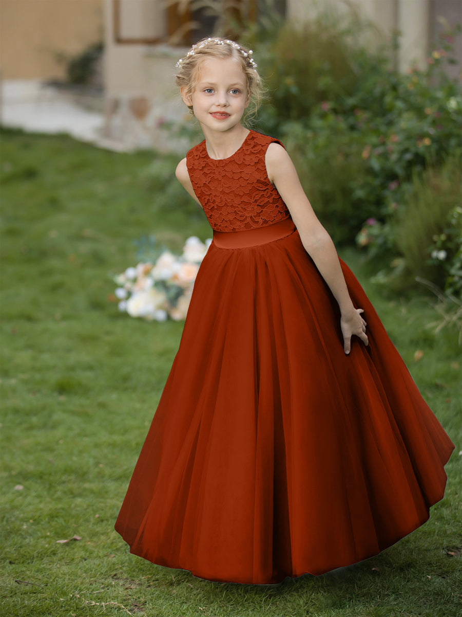 Vestidos de Flor de Tule com Gola Redonda e Apliques e Faixa