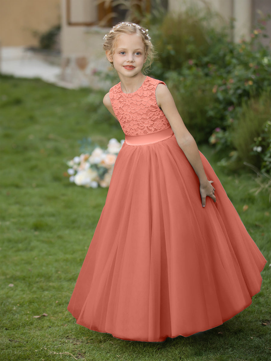 Vestidos de Flor de Tule com Gola Redonda e Apliques e Faixa
