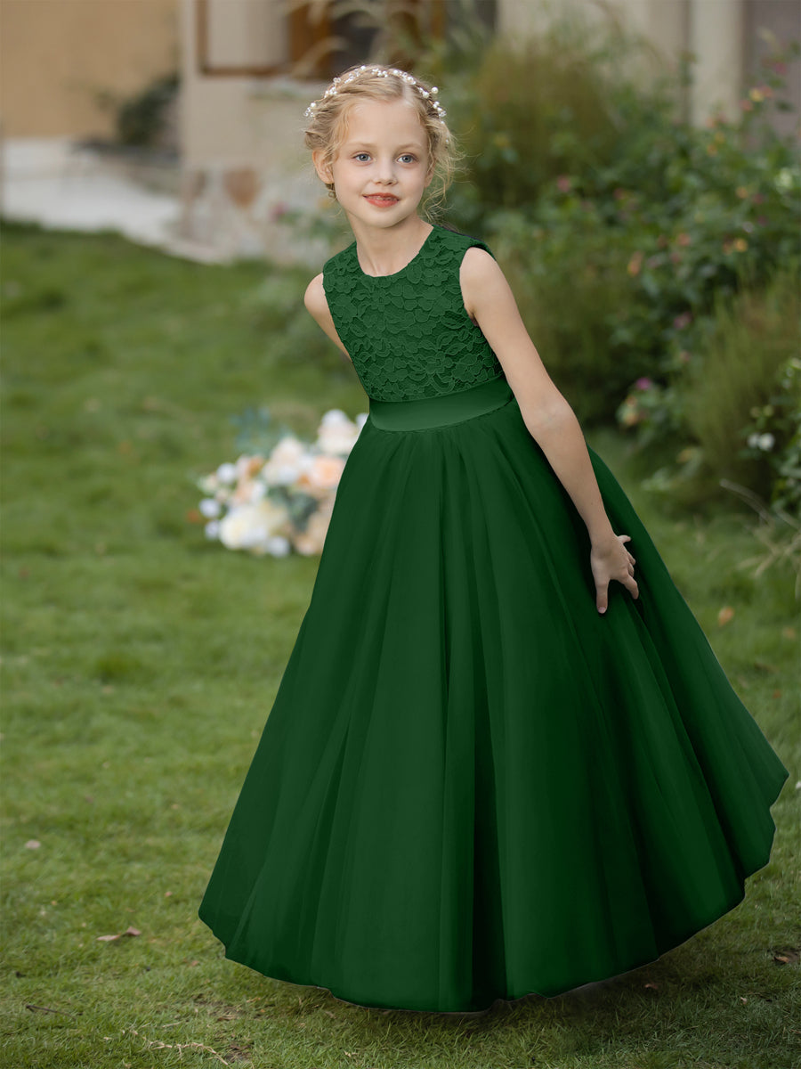 Vestidos de Flor de Tule com Gola Redonda e Apliques e Faixa