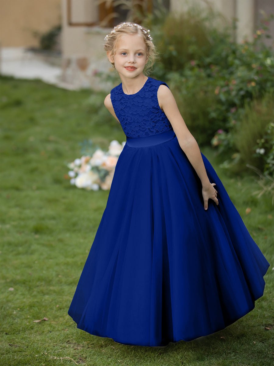 Vestidos de Flor de Tule com Gola Redonda e Apliques e Faixa