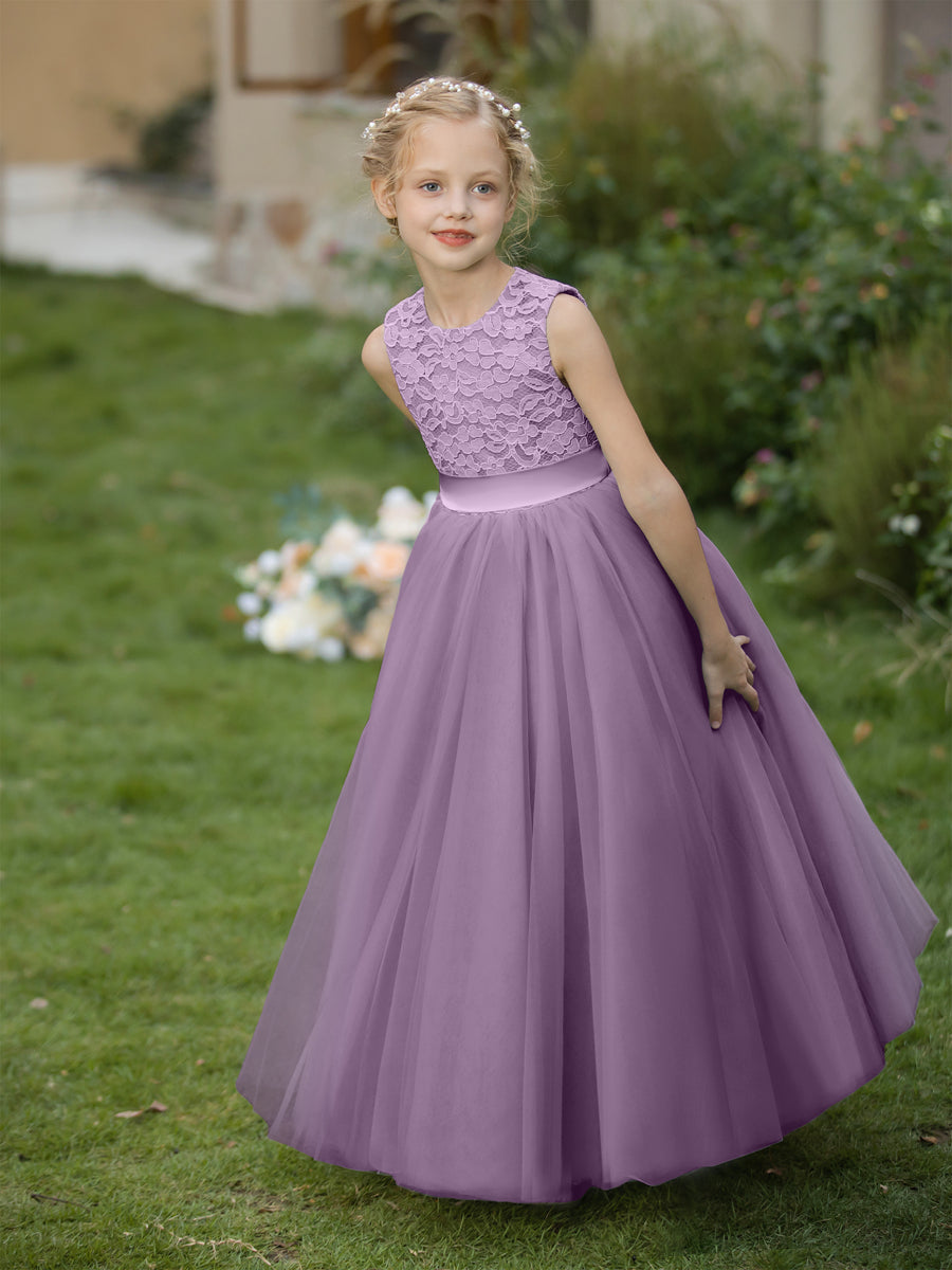 Vestidos de Flor de Tule com Gola Redonda e Apliques e Faixa
