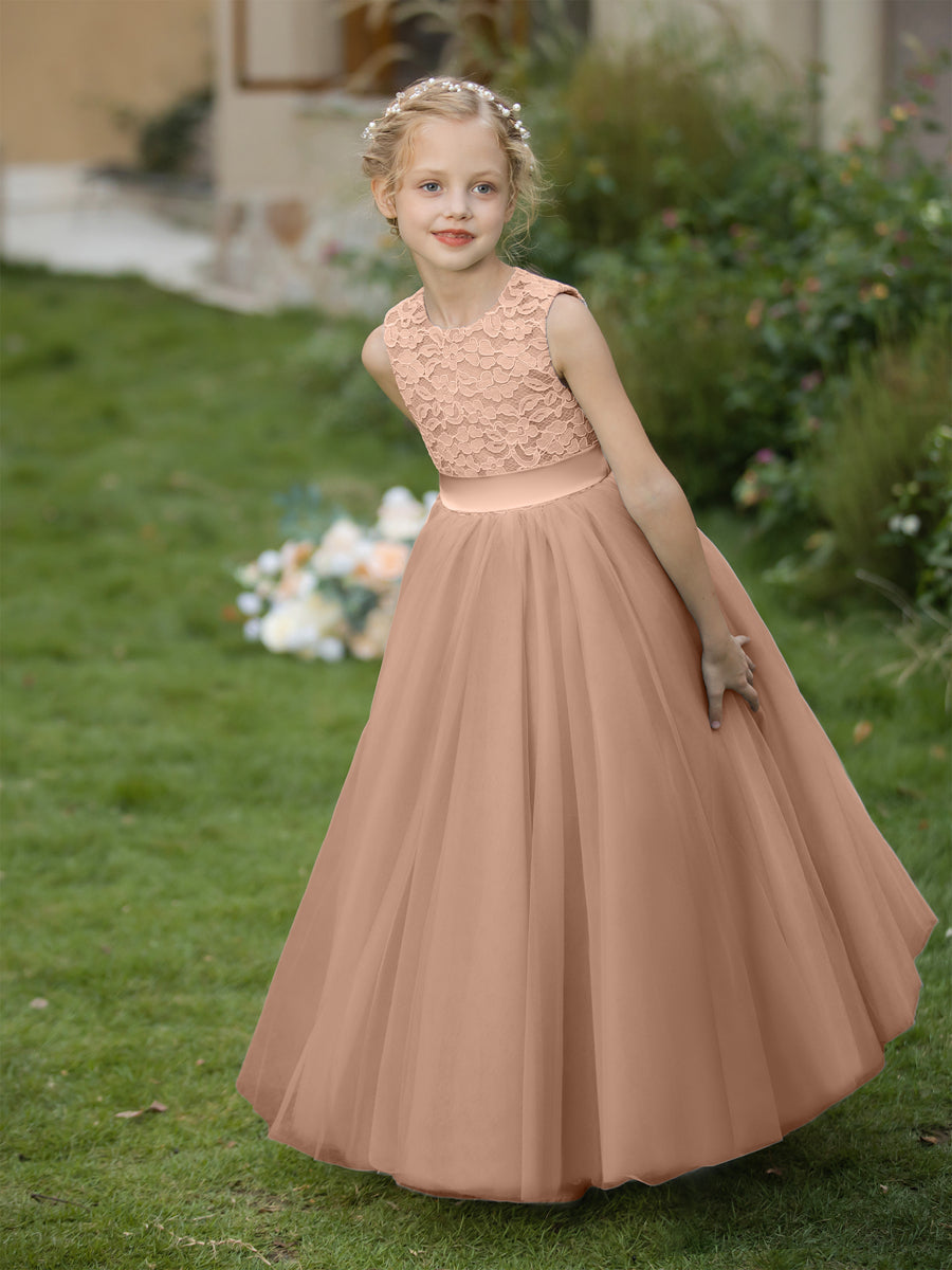 Vestidos de Flor de Tule com Gola Redonda e Apliques e Faixa