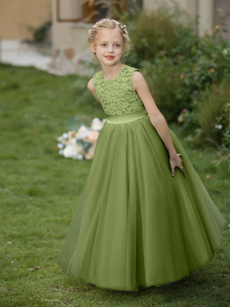 Vestidos de Flor de Tule com Gola Redonda e Apliques e Faixa