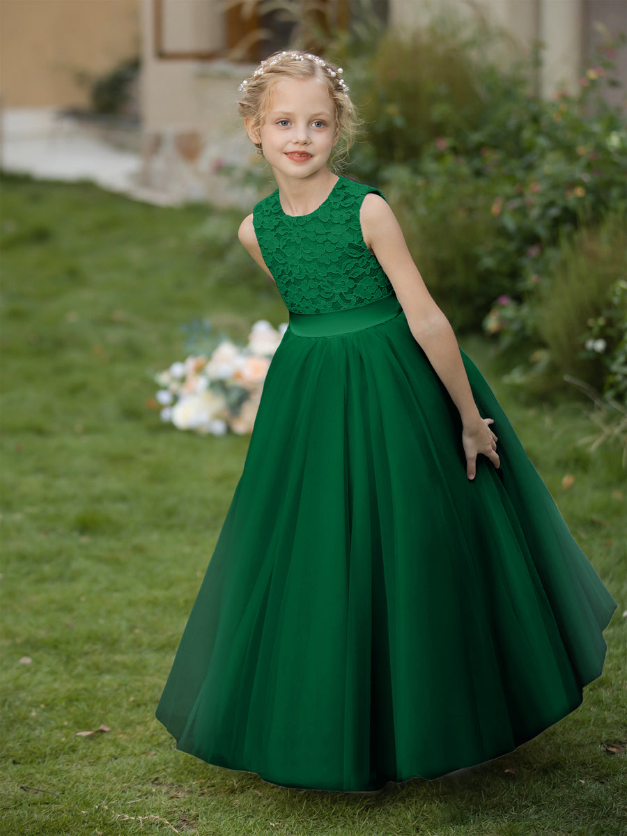 Vestidos de Flor de Tule com Gola Redonda e Apliques e Faixa