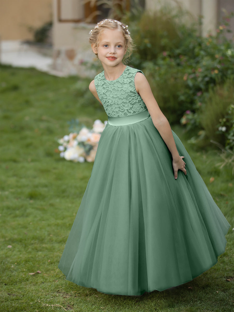 Vestidos de Flor de Tule com Gola Redonda e Apliques e Faixa