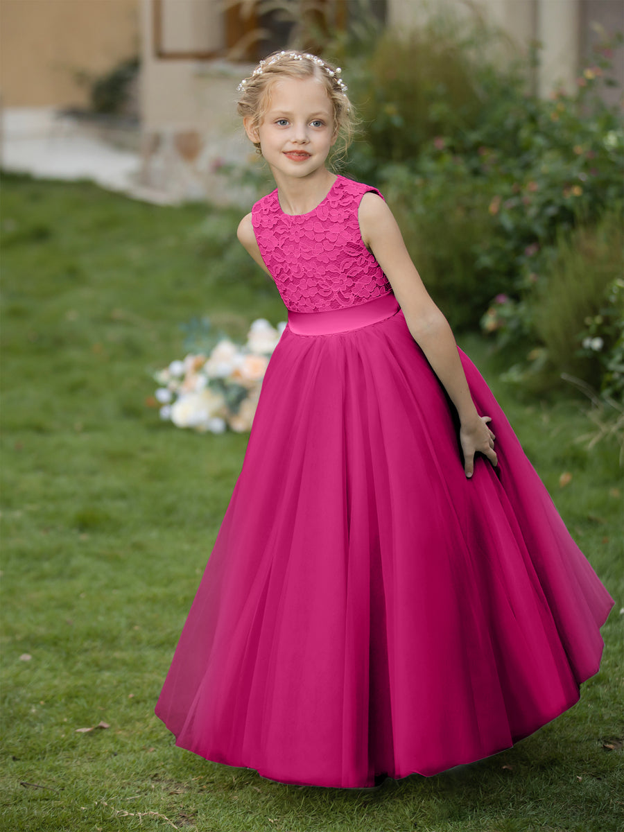 Vestidos de Flor de Tule com Gola Redonda e Apliques e Faixa