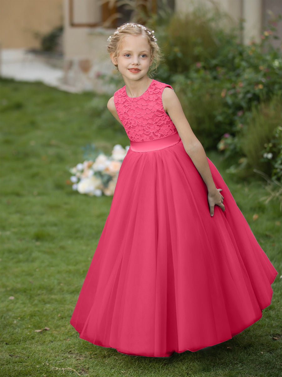 Vestidos de Flor de Tule com Gola Redonda e Apliques e Faixa