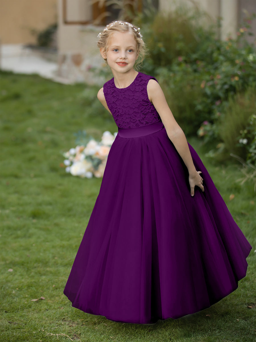 Vestidos de Flor de Tule com Gola Redonda e Apliques e Faixa