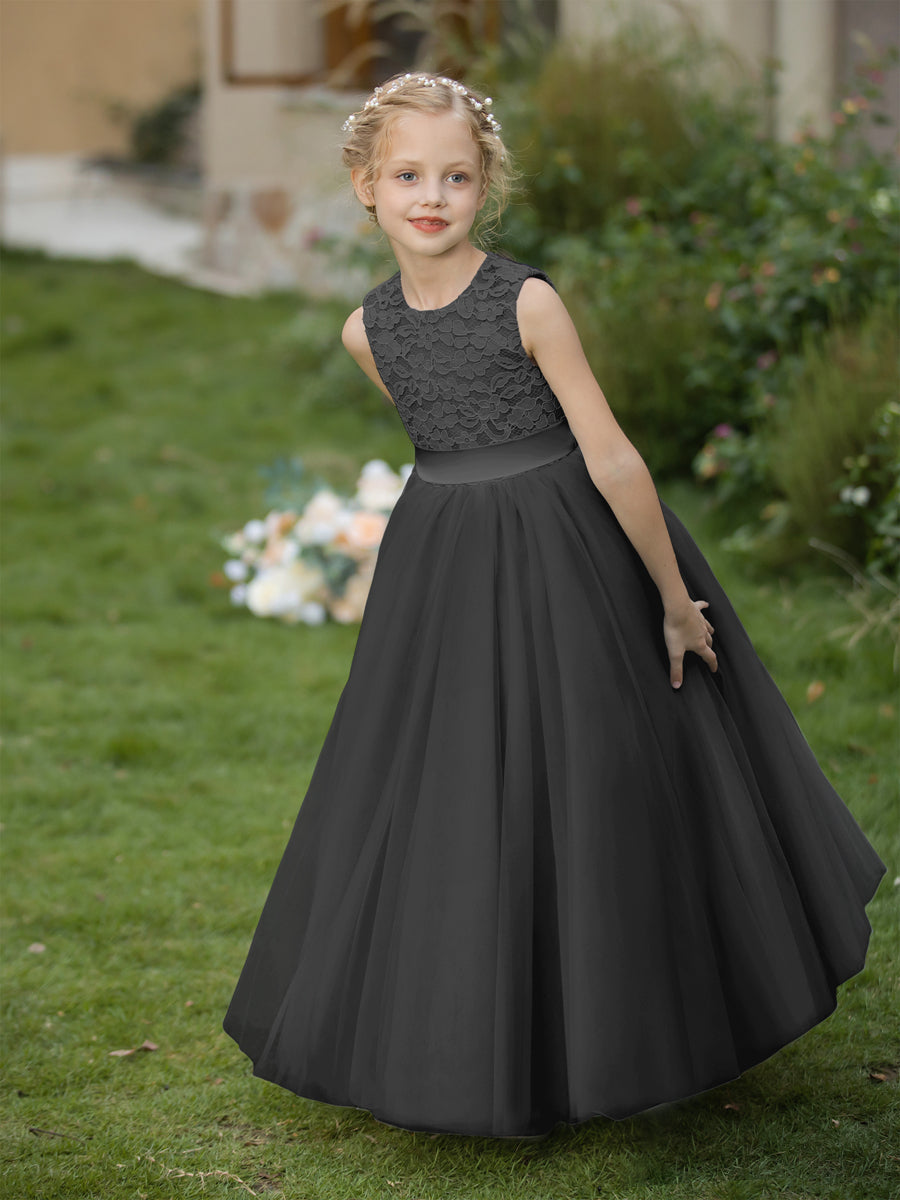 Vestidos de Flor de Tule com Gola Redonda e Apliques e Faixa