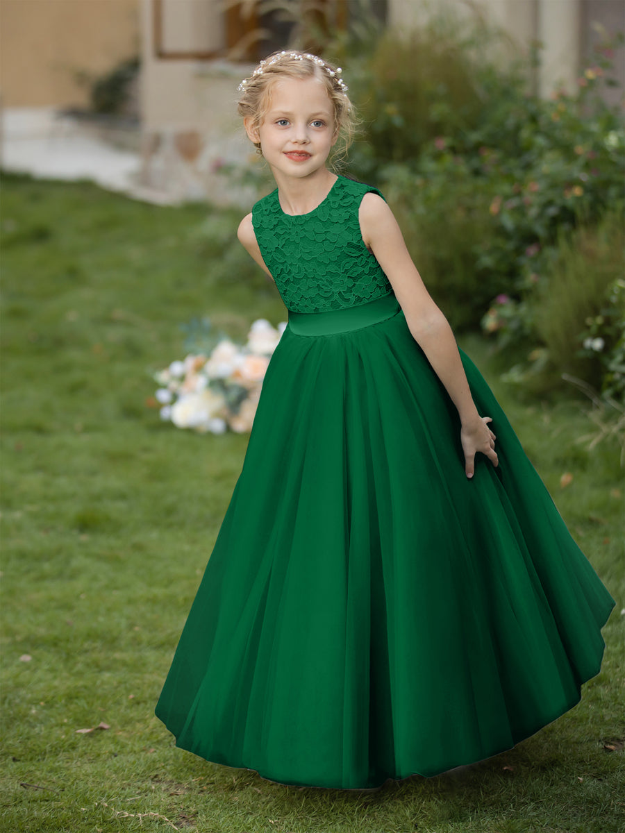 Vestidos de Flor de Tule com Gola Redonda e Apliques e Faixa